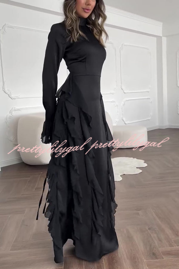 Cline Solid Color High Neck Long Sleeve Elegant Ruffles Maxi Dress