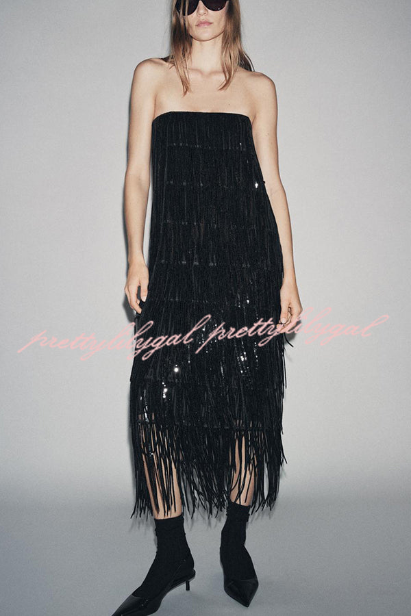 Chic Celebration Layered Sequined Tassels Slip Strapless H-line Midi Dress