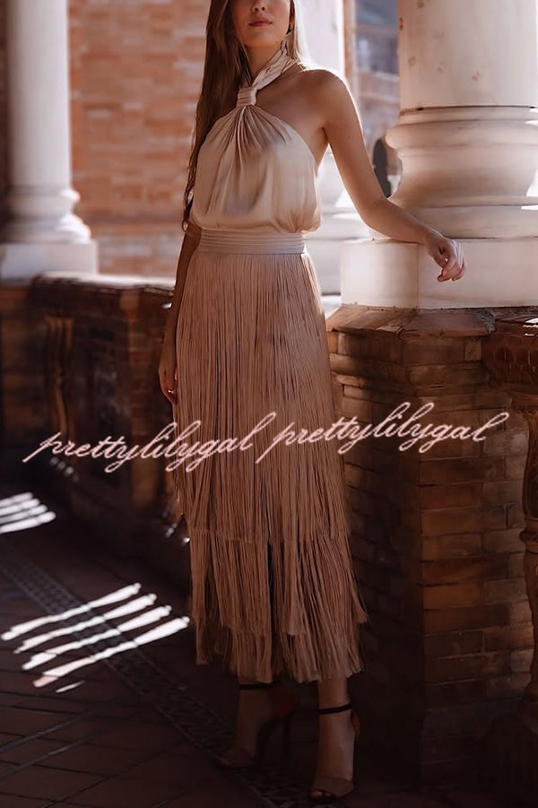Elegant Tassel Hem Elastic Waist Casual Maxi Skirt
