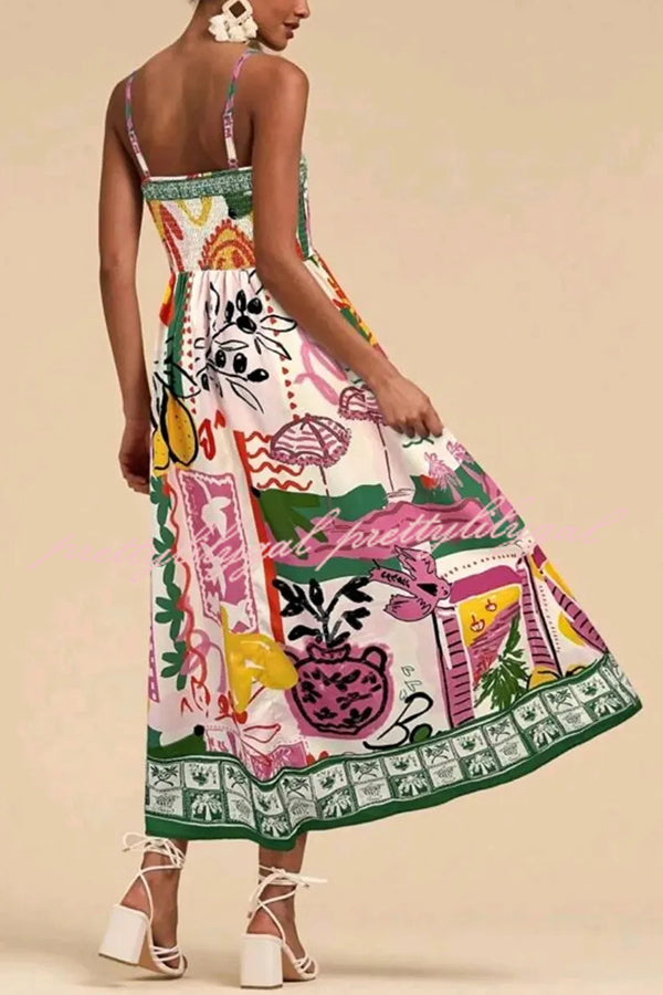 Unique Printed Sling Back Pleated Holiday Midi Dress