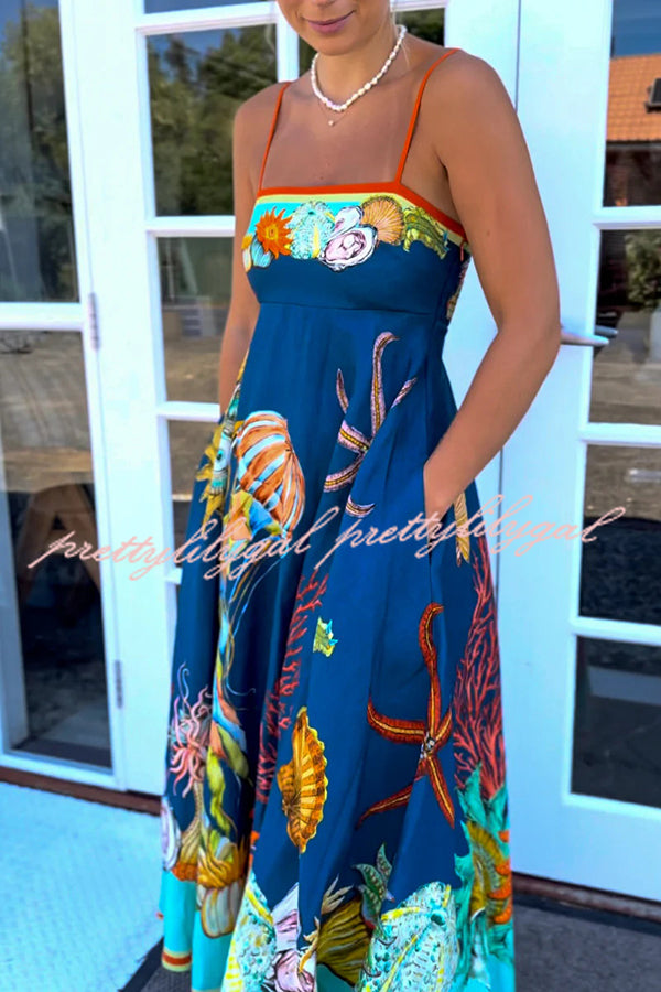 Linen Blend Unique Print Suspenders Back Pleated Pocket Resort Style Maxi Dress