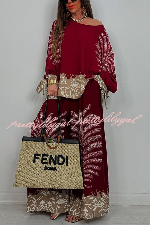 Unique Print Loose Drawstring Long Sleeve Top and Elastic Waist Casual Pocket Wide Leg Pants Set