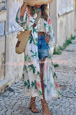 Resort Style Botanical Print Tie-waist Long Cover-up