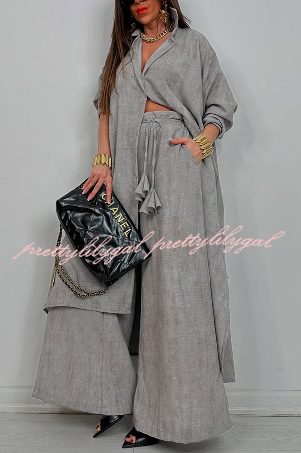 Solid Color Casual Loose Long Shirt and Elastic Waist Pocket Wide Leg Pants Set