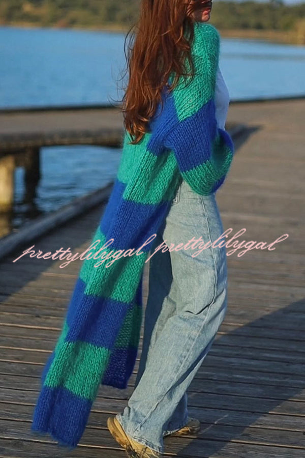 Fashionable Contrast Stripes Lazy Style Loose Long Knitted Cardigan