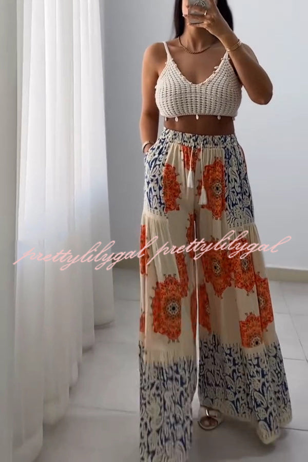 Unique Print Elastic High Waist Tie Pocket Holiday Style Wide Leg Pants