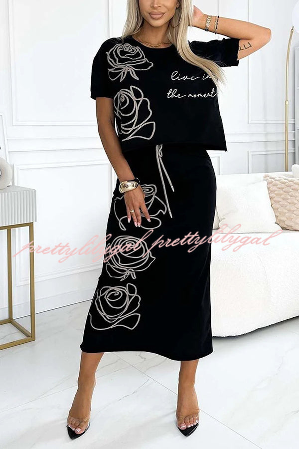 Floral Print Crew Neck Short sleeve Loose Top and Elastic Waist Tie Pocket Midi Skirt Set