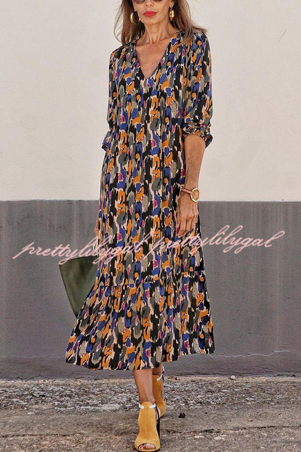 Multicolor Color Block Print V-neck Loose Resort Midi Dress