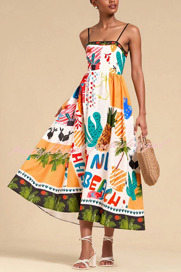 Unique Printed Sling Back Pleated Holiday Midi Dress