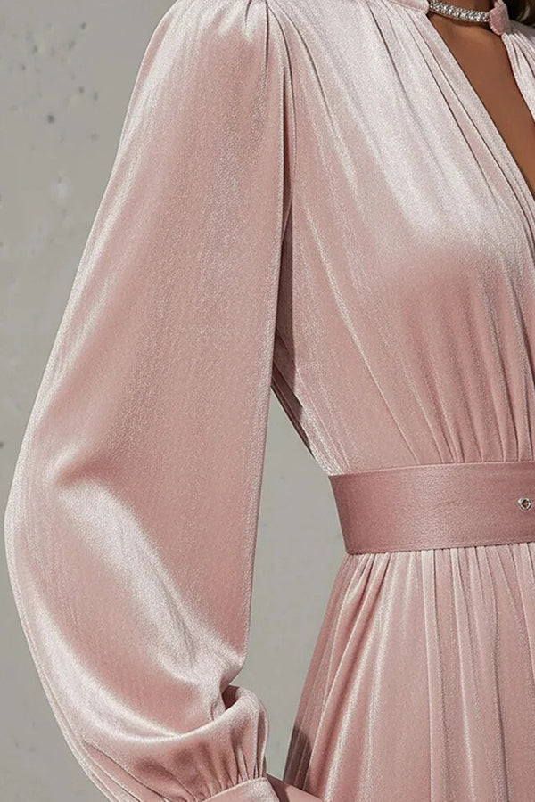 Solid Color Velvet V-neck Long-sleeved Belted Elegant Maxi Dress