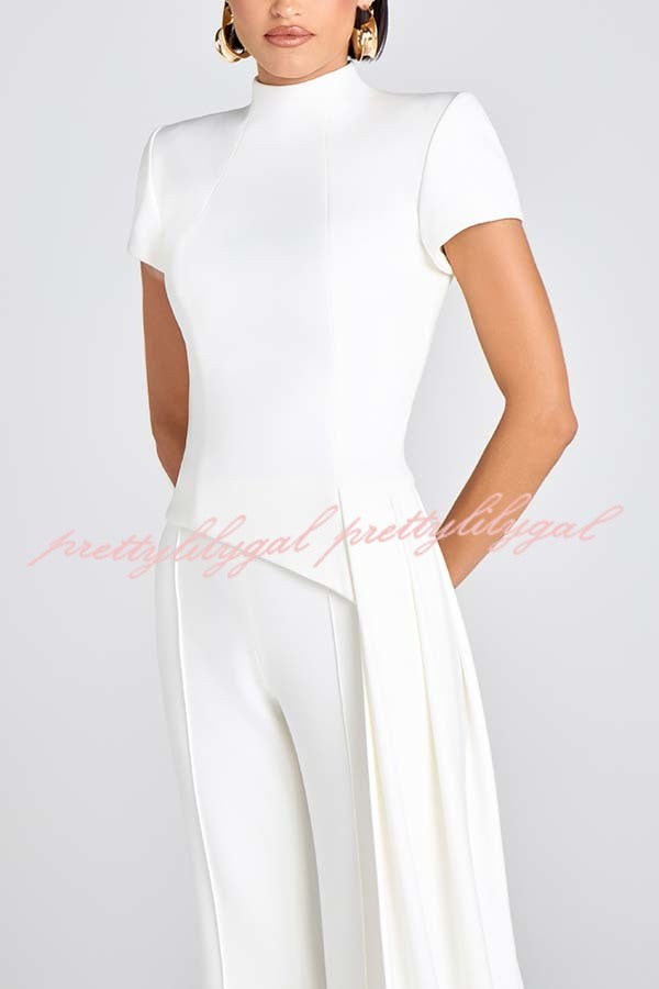 Pippa High Neck Short Sleeve Irregular Drape Hem Top and Elastic Waist Flare Pants Set