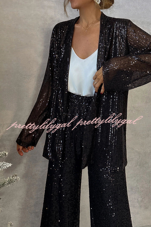 Party Scene Sequin Open Front Long Sleeve Drape Coat