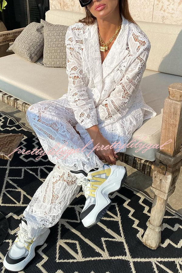 Fashionable Lace Long-sleeved Lapel Loose Top and Casual Hollow Pants Set