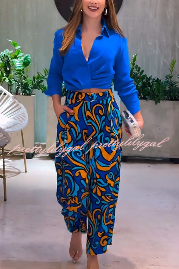 Ocean Heart Linen Blend Printed Ruched Hem Blouse and Belted High Rise Pocket Loose Pants Set