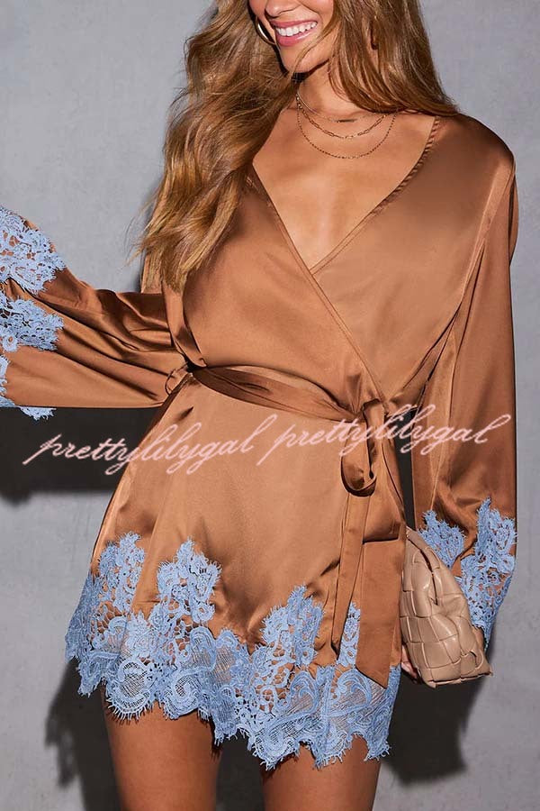 Joyful Bond Satin Lace Trim Contrast Color Bell Sleeve Tie-up Kimono Mini Dress