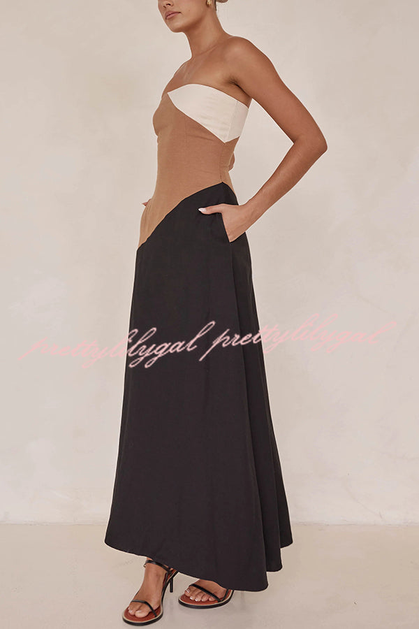 Calissa Asymmetrical Colour Block Strapless Pocketed A-line Maxi Dress