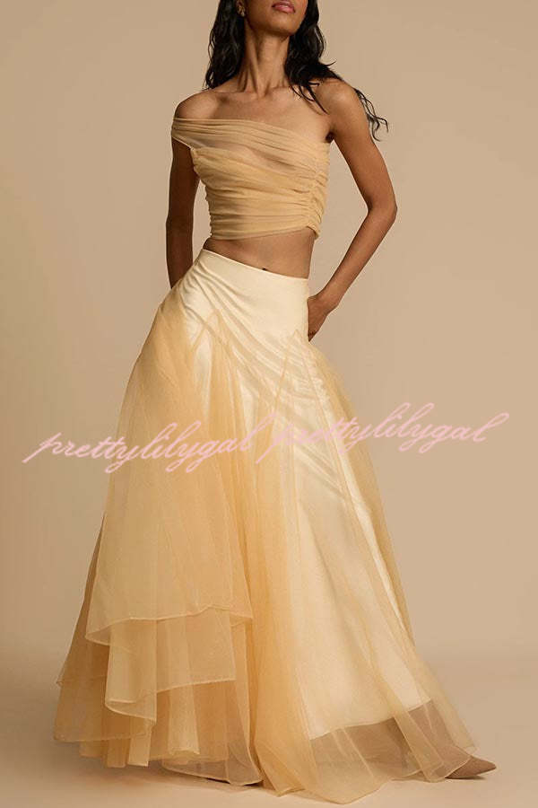 Romance Factor Semi-sheer Tulle One Shoulder Ruched Crop Top