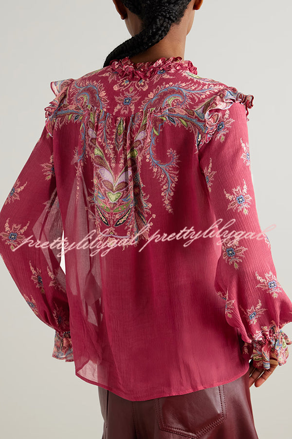Unique Printed Chiffon Long-sleeved Loose Shirt and Elegant Ruffled Maxi Skirt Set