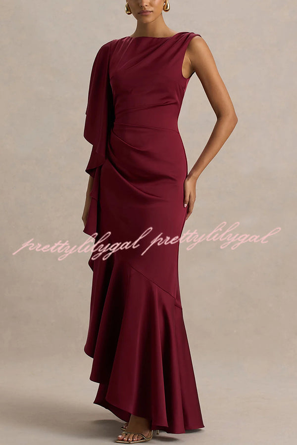 Freya Satin Boat Neck Waterfall Frill Sleeve Drape Maxi Dress