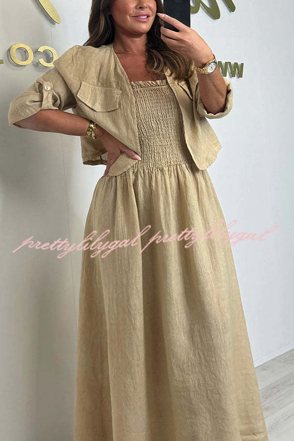 Solid Color Casual Short Jacket and Suspender Pleated Maxi Dress Set