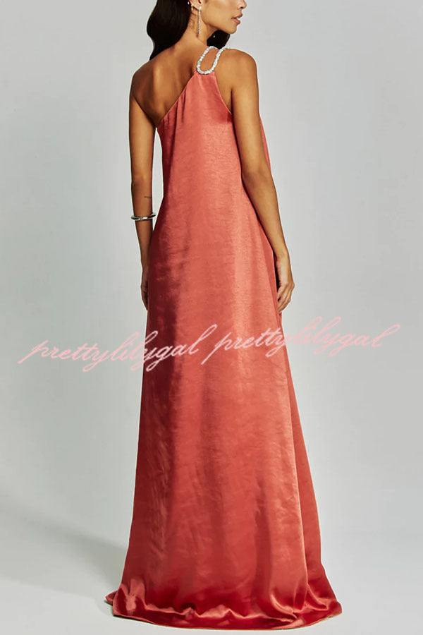 Charming Glance Satin Metal Hardware One Shoulder Loose Maxi Dress