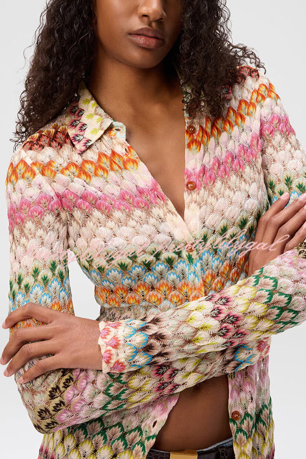 Anna Knit Colorful Herringbone Print Shirt Neck Button Long Sleeve Slim-fit Long Cardigan