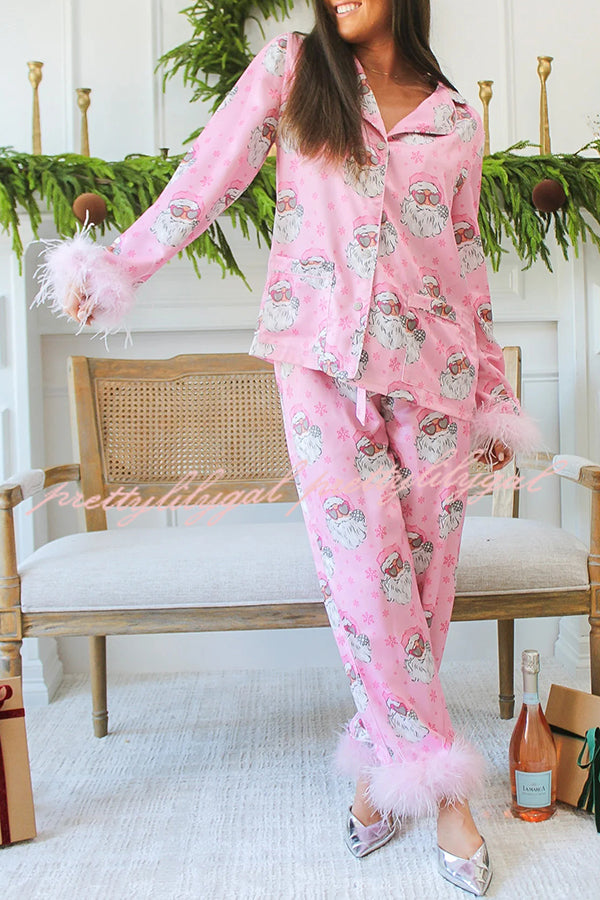 Christmas Besties Party Printed Feather Trim Elastic Waist Pocketed Pajama Set