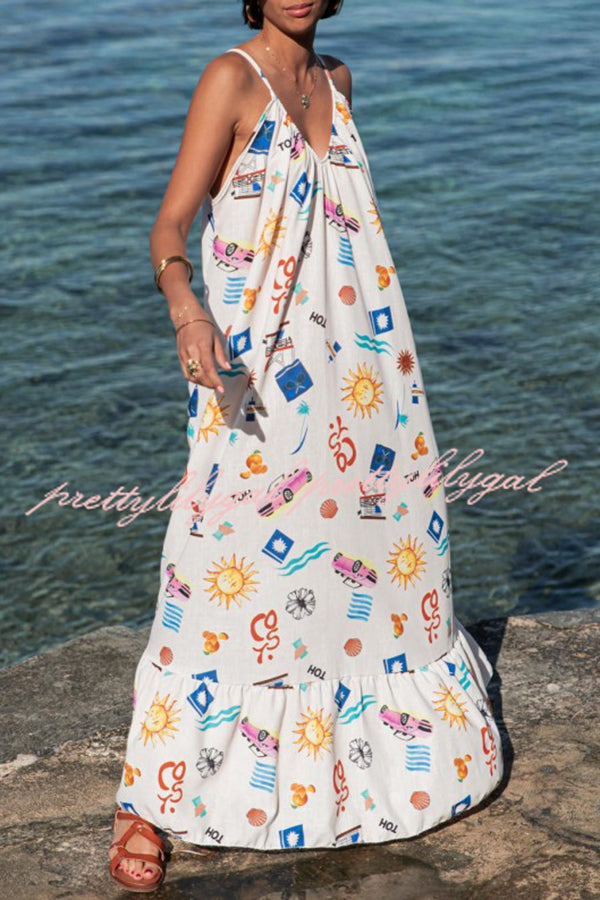 Marisol Linen Blend Unique Print A-line Slip Loose Maxi Dress