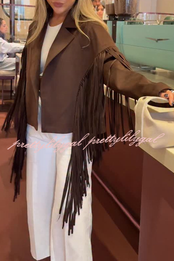 Western City Suede Long Tassels Long Sleeve Lapel Relaxed Jacket