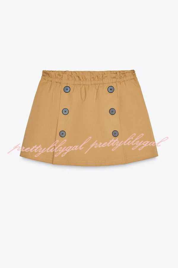Chic Comfort Mid Rise Elastic Waist Contrast Buttons Pocket Mini Skort