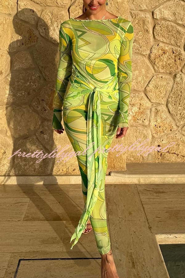 Nessie Mesh Unique Print Tie-up Waist Long Sleeve Stretch See-Through Maxi Dress
