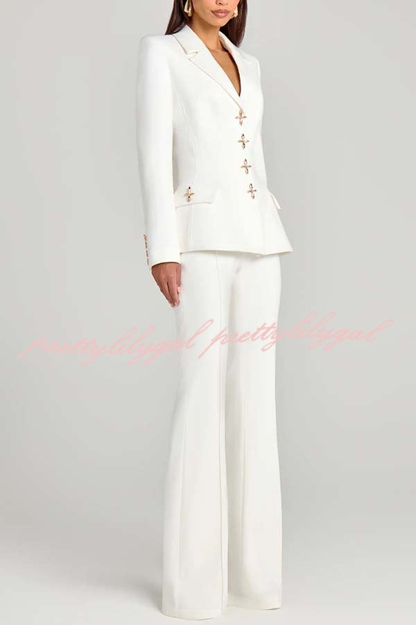 Women Power Metal Cross Snap Button Long Sleeve Lapel Blazer
