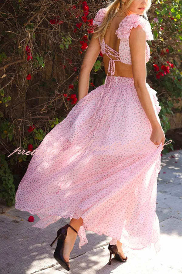 Wedding Dreams Chiffon Printed Flutter Sleeve Cutout Back Lace-up Maxi Dress