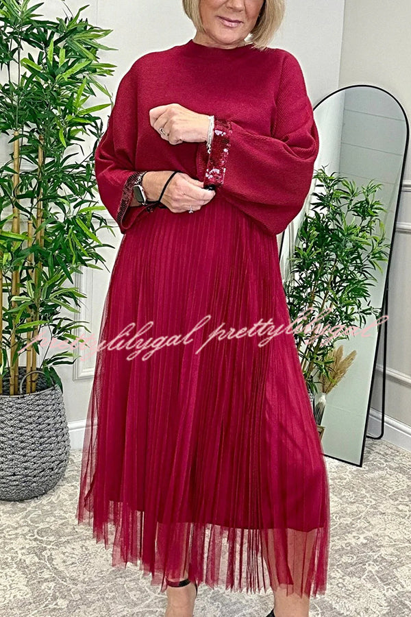 Fenna Ribbed Sequin Trim Batwing Sleeve Sweater and Pleated Tulle Stretch Tank Midi Dress Two-piece Set