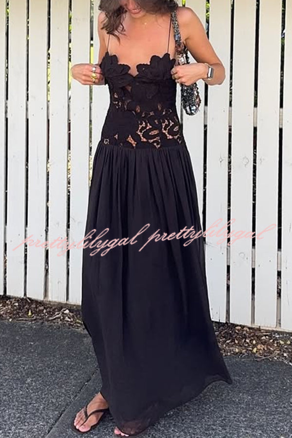 Stephanie Flower Crochet Lace Bust Chiffon Fluffy Hem Maxi Dress