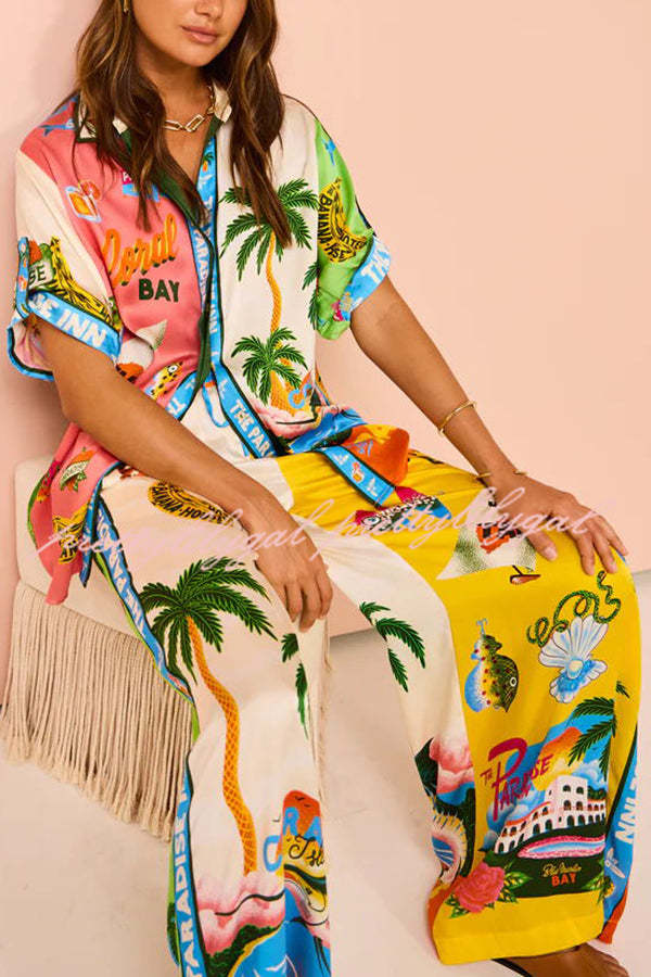 Kissed By The Sun Satin Unique Print Colorblock Button Down Oversized Blouse