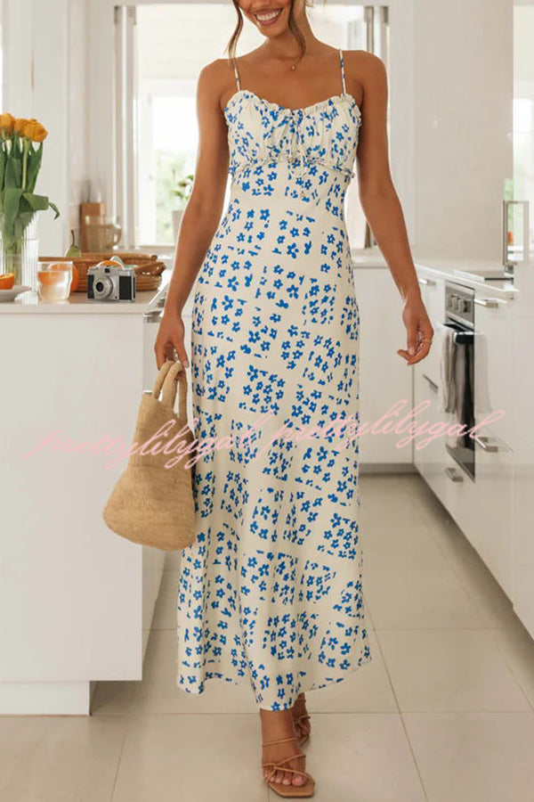 Starry Floral Print Lace Up Pleated Patchwork Zip Back Maxi Dress