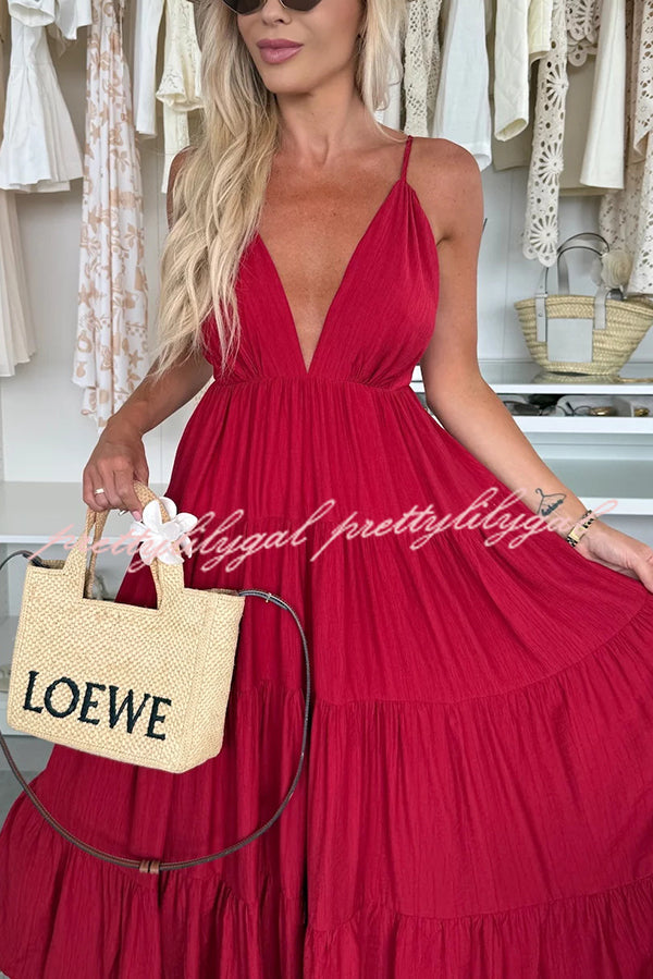Bohemian Style V-neck Backless Slip Layered Vacation Maxi Dress