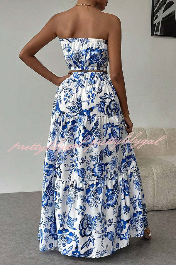 Floral Print Cutout Bandeau Top and Elastic Waist Full Maxi Skirt Set
