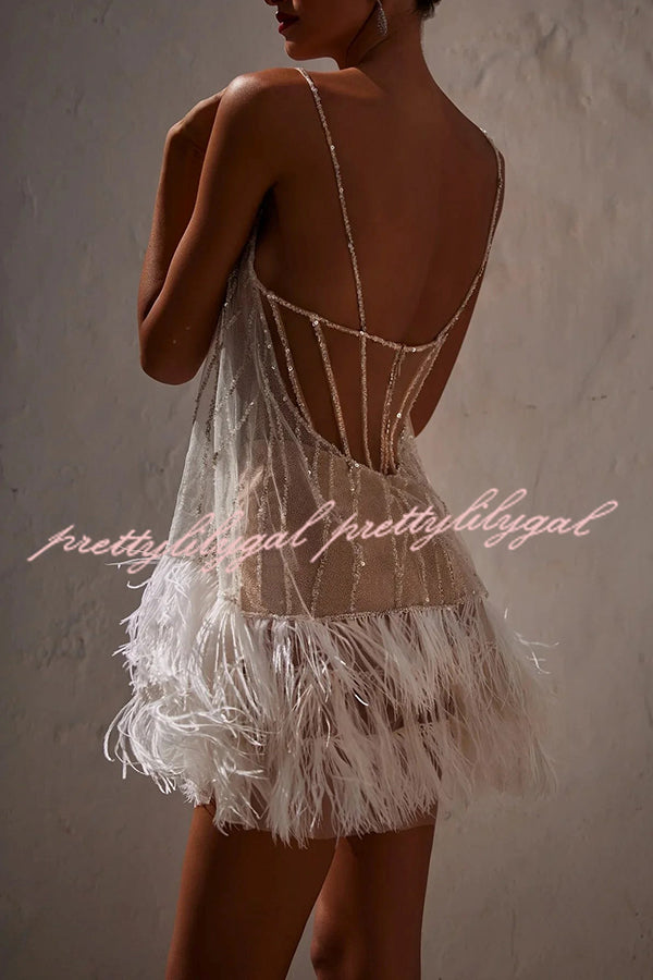 Fairy Lights Sequin Layered Feather Fringed Mesh Mini Dress