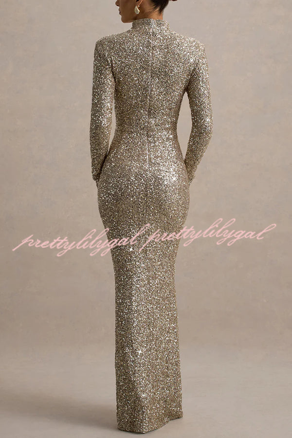 Galaxy Premium Sequin Turtle Neck Long Sleeve Maxi Dress
