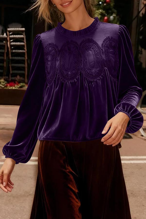 Fashionable Velvet and Lace Patchwork Loose Long-sleeved Top