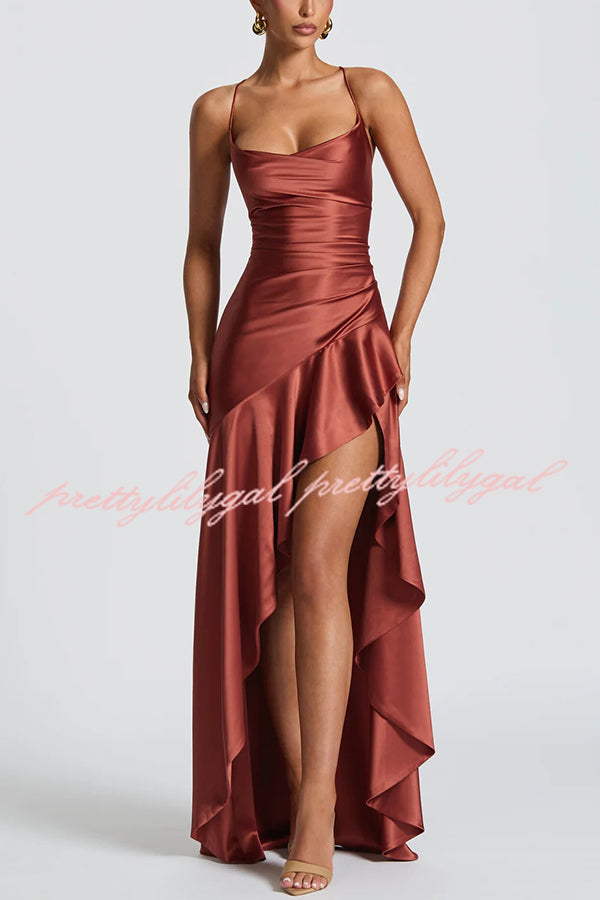Solid Color Sexy Backless Lace-up Irregular Ruffled Maxi Dress