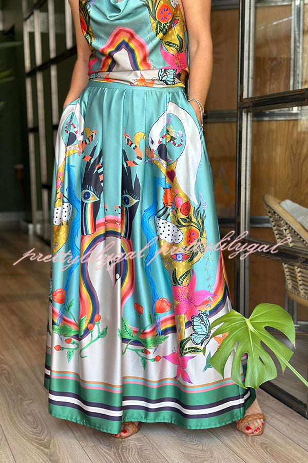 Evangeline Satin Unique Print Back Tie-up Pocket Halter Maxi Dress