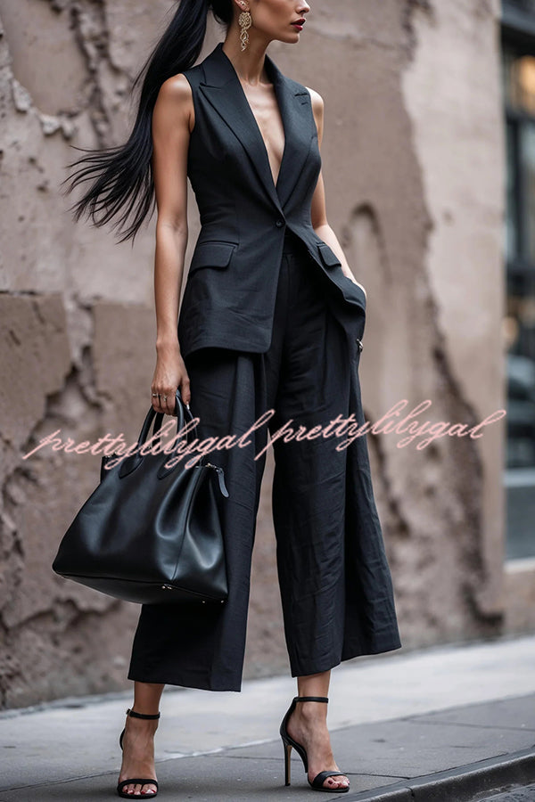 Fashion Sleeveless Lapel Suit Vest and Casual Pocket Straight Pants Set