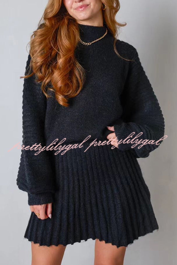 Solid Color Round Neck Puff Sleeve Loose Knit Sweater and Casual Striped Mini Skirt Set