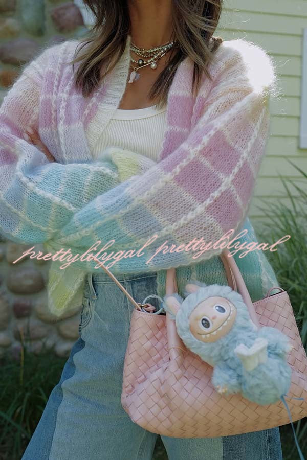 Palette Day Knit Color Blocks Open Front Balloon Sleeve Loose Cardigan
