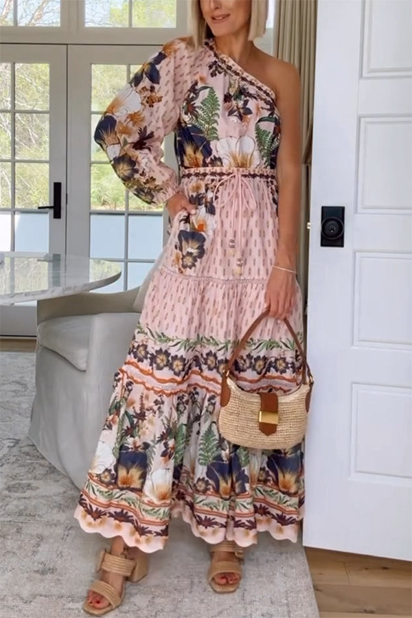 Dream Garden Unique Print One Shoulder Elastic Waist Pocket Maxi Dress