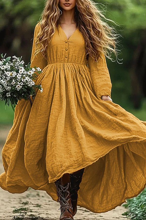 Linen Blend Resort Style V-neck Long-sleeved Swing Maxi Dress