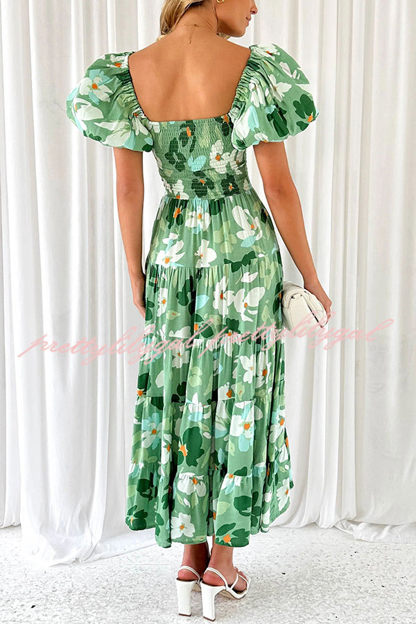 Petal Princess Unique Print Smocked Waist Puff Sleeve Midi Dress